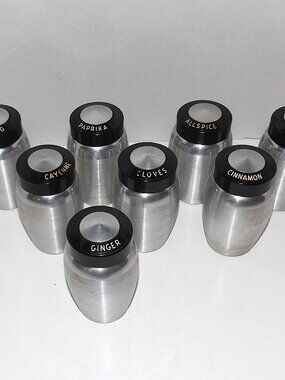 Set of 8 Kromex 1950s Silver Spun Aluminum Spice Jars – Half w/Shaker Lids